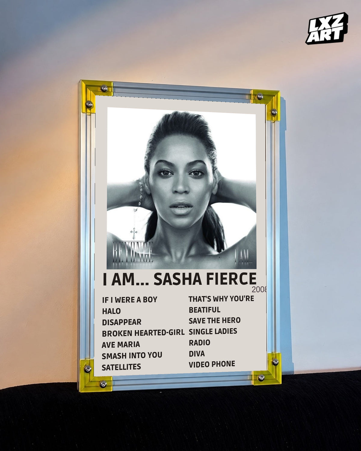 Beyoncé I Am... Sasha Fierce tracklist poster displayed against a warm wall in a yellow corner frame; unframed print, frame not included