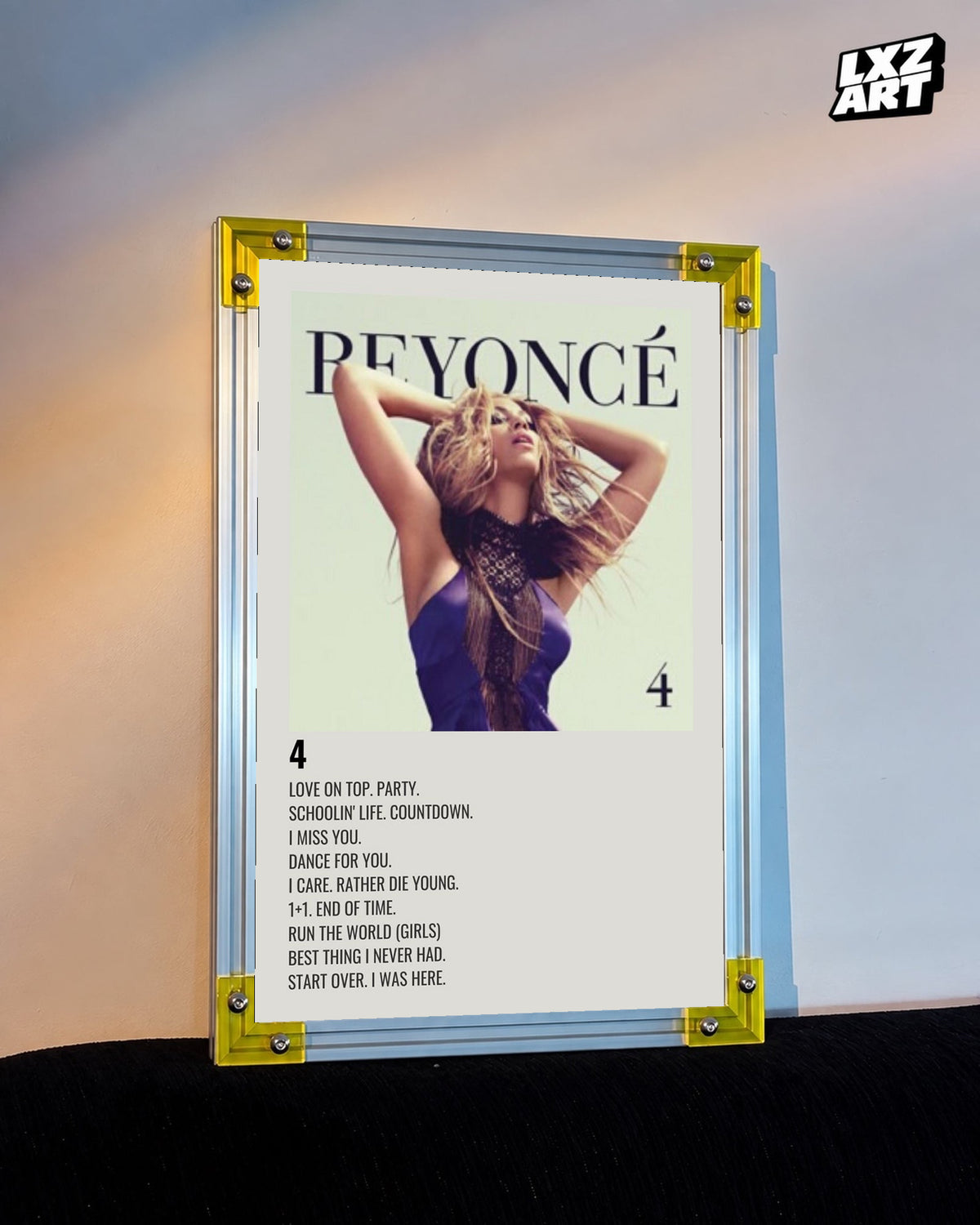 Beyoncé 4 tracklist poster displayed against a warm wall in a yellow corner frame; unframed print, frame not included