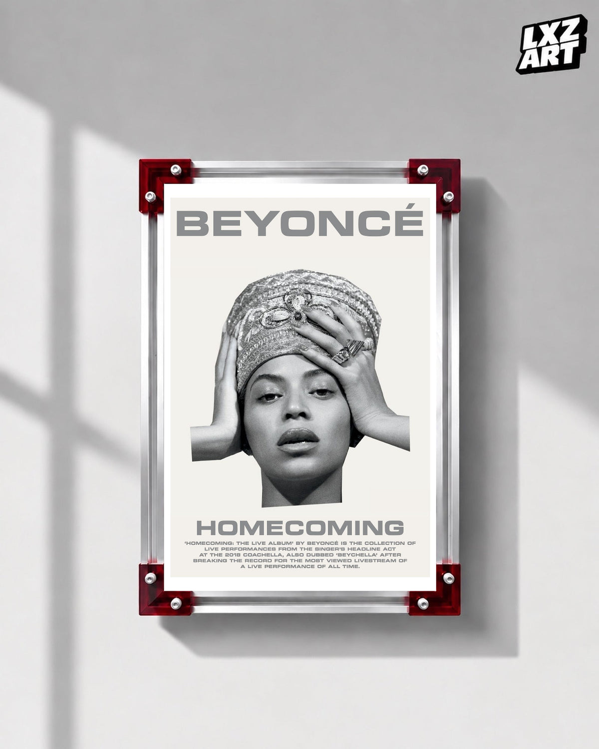 Beyoncé Homecoming: The Live Album setlist poster displayed on a gray wall in a red corner frame; unframed print, frame not included