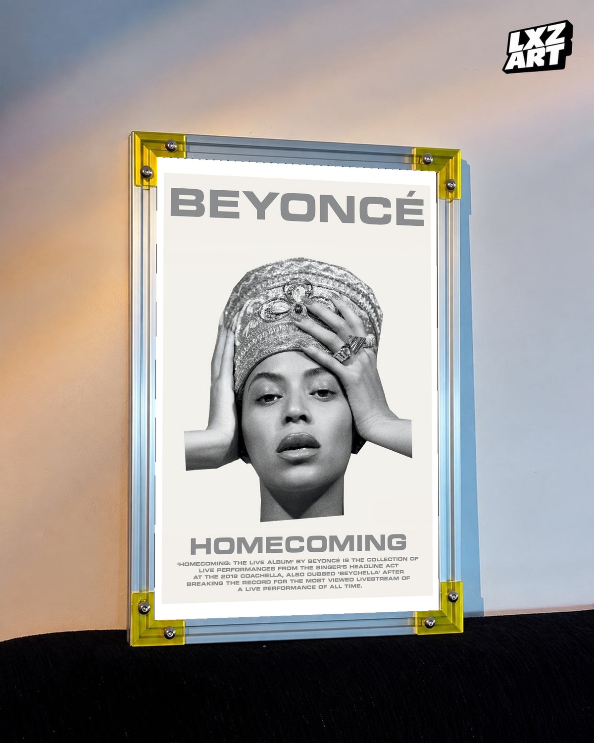 Beyoncé Homecoming: The Live Album setlist poster displayed against a warm wall in a yellow corner frame; unframed print, frame not included