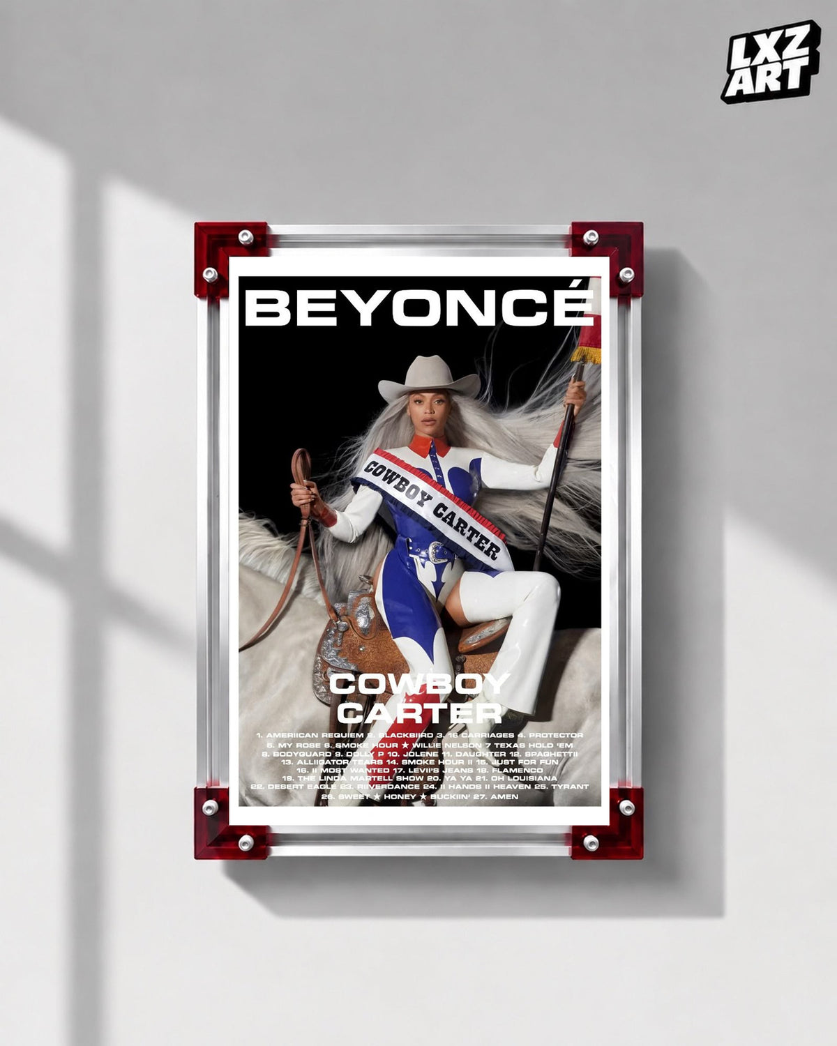 Beyoncé Cowboy Carter tracklist poster displayed on a gray wall in a red corner frame; unframed print, frame not included