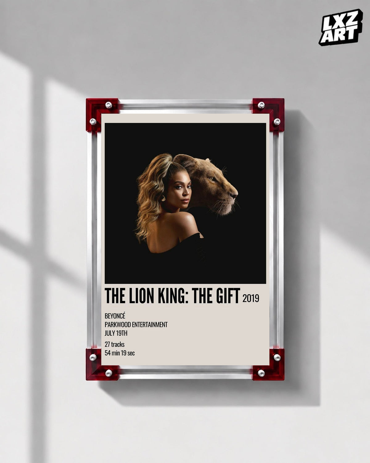 Beyoncé The Lion King: The Gift album poster displayed on a gray wall in a red corner frame; unframed print, frame not included