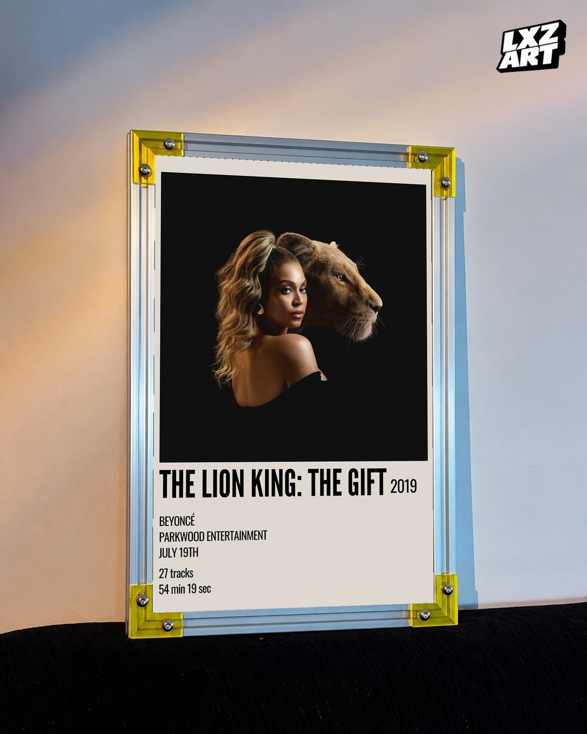 Beyoncé The Lion King: The Gift album poster displayed against a warm wall in a yellow corner frame; unframed print, frame not included