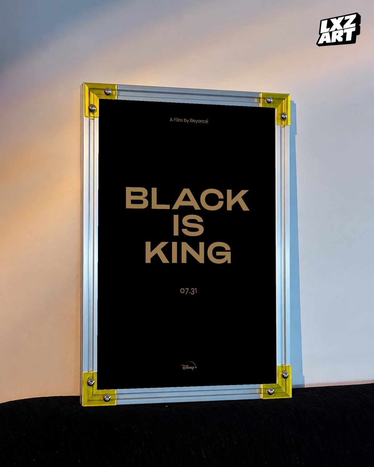 Beyoncé Black Is King film poster displayed against a warm wall in a yellow corner frame; unframed print, frame not included