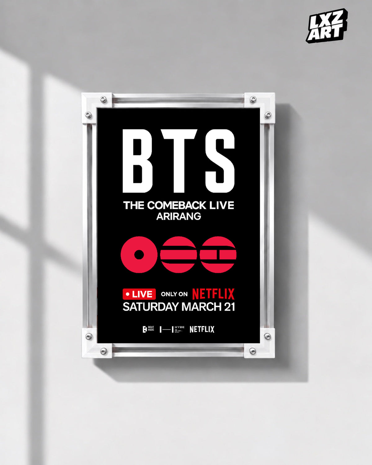 BTS The Comeback Live ARIRANG poster in the LXZART front-facing grey-wall display. Unframed print; frame shown for display only.