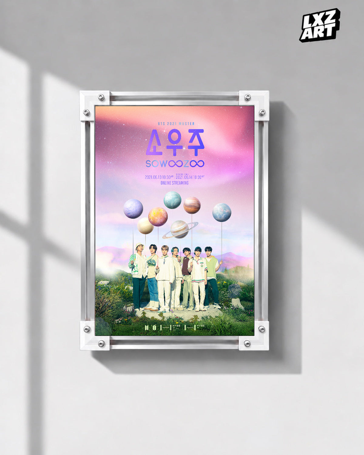 BTS 2021 Muster Sowoozoo poster in the LXZART front-facing grey-wall display. Unframed print; frame shown for display only.