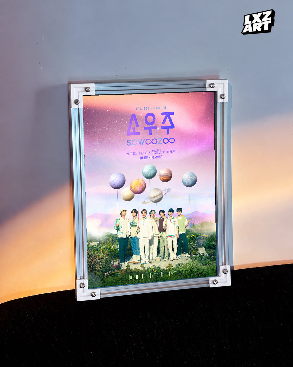 BTS 2021 Muster Sowoozoo poster in the LXZART warm-lit wall display. Unframed print; frame shown for display only.