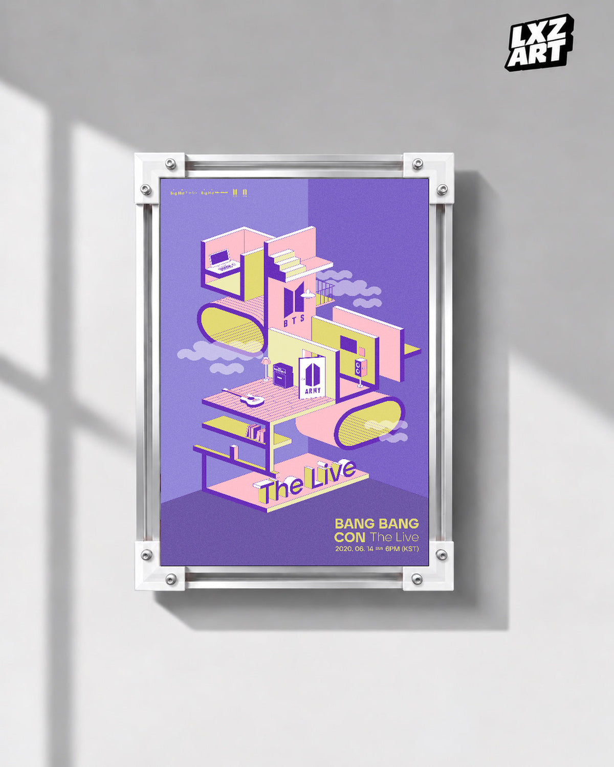 BANG BANG CON The Live poster in the LXZART front-facing grey-wall display. Unframed print; frame shown for display only.