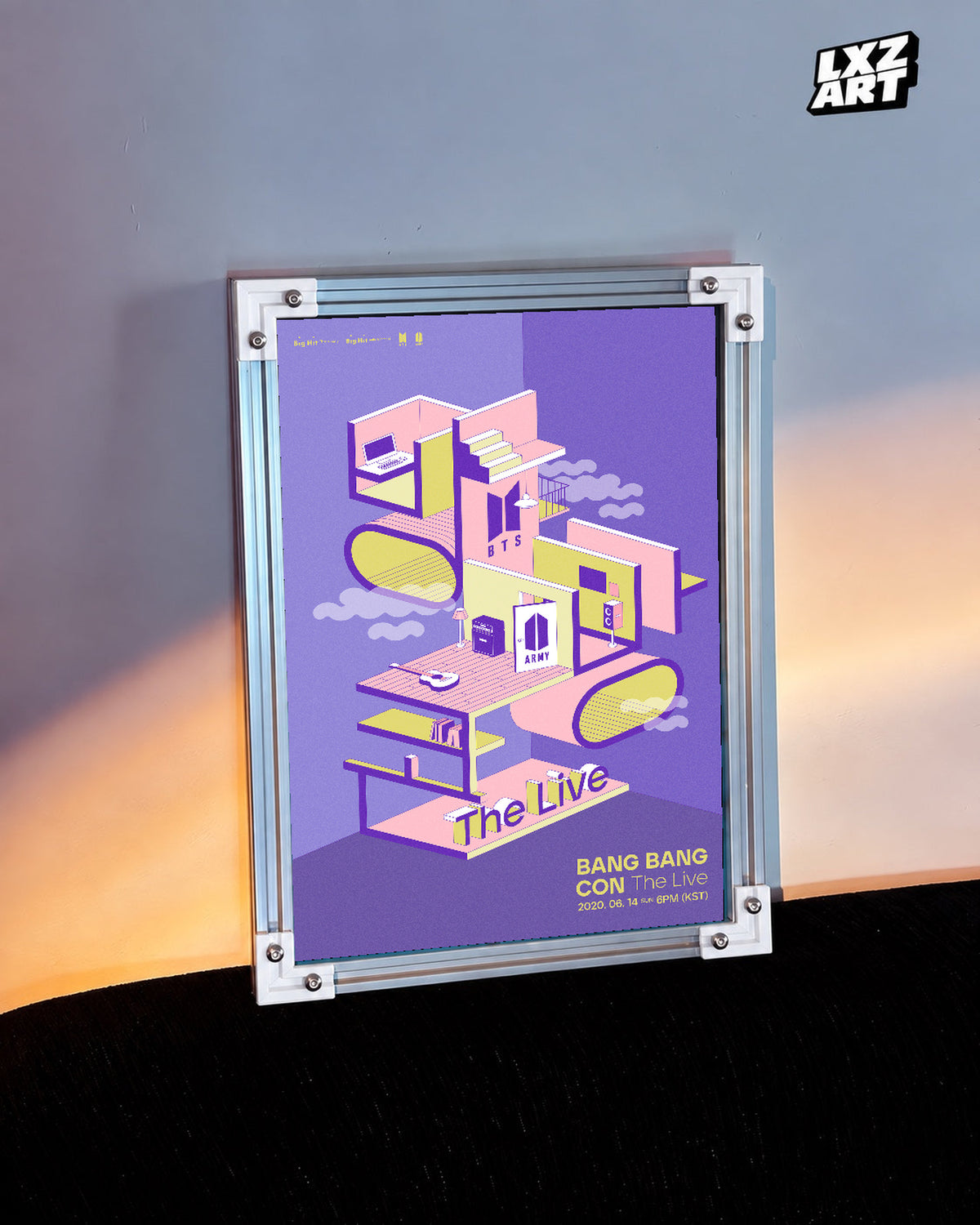 BANG BANG CON The Live poster in the LXZART warm-lit wall display. Unframed print; frame shown for display only.