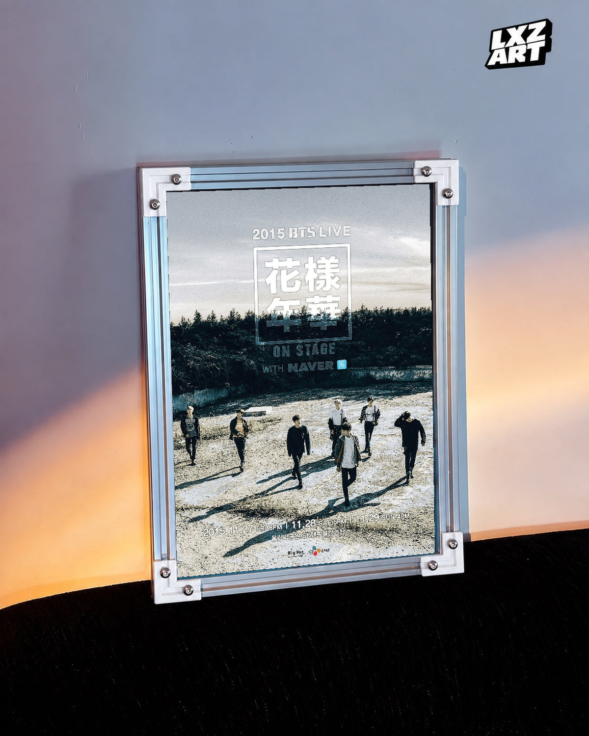 2015 BTS Live The Most Beautiful Moment in Life On Stage poster in the LXZART warm-lit wall display. Unframed print; frame shown for display only.