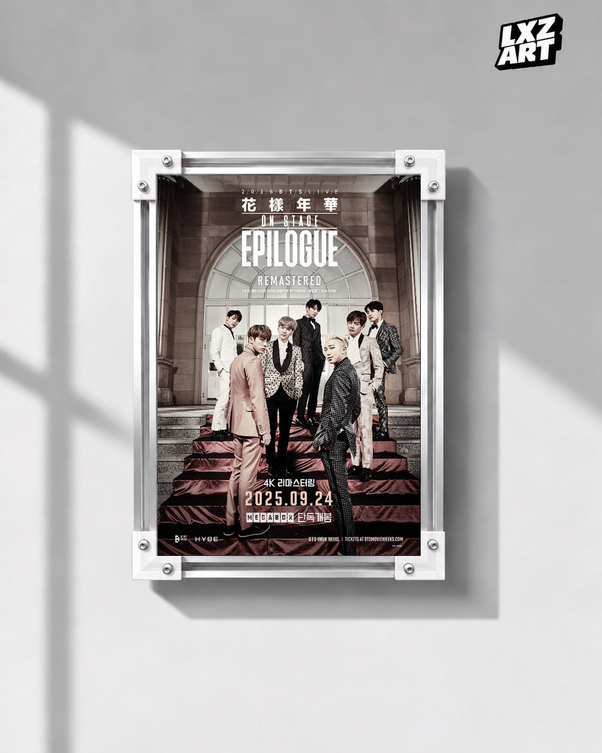 2016 BTS Live On Stage Epilogue Remastered poster in the LXZART front-facing grey-wall display. Unframed print; frame shown for display only.
