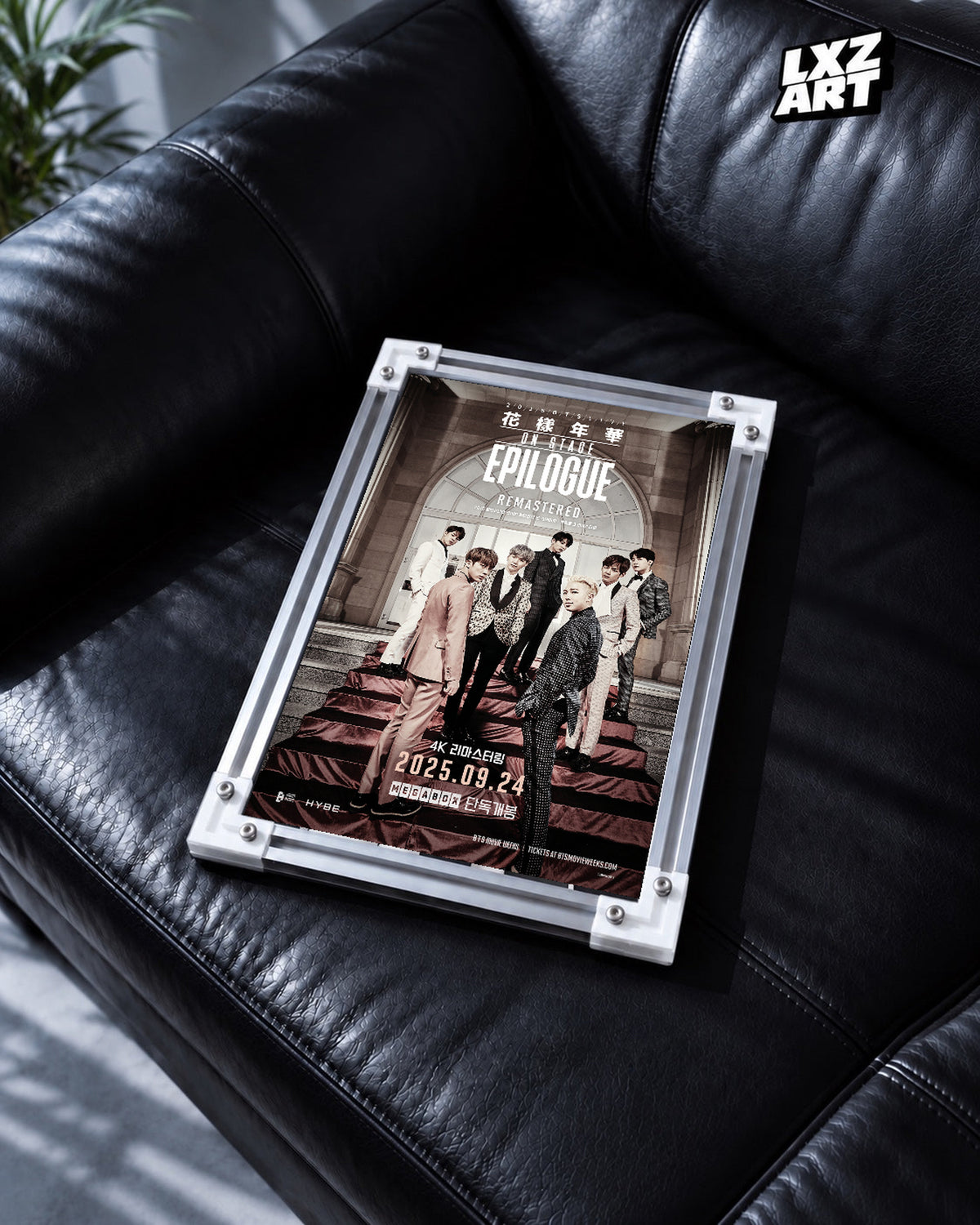 2016 BTS Live On Stage Epilogue Remastered poster in the LXZART black leather sofa display. Unframed print; frame shown for display only.