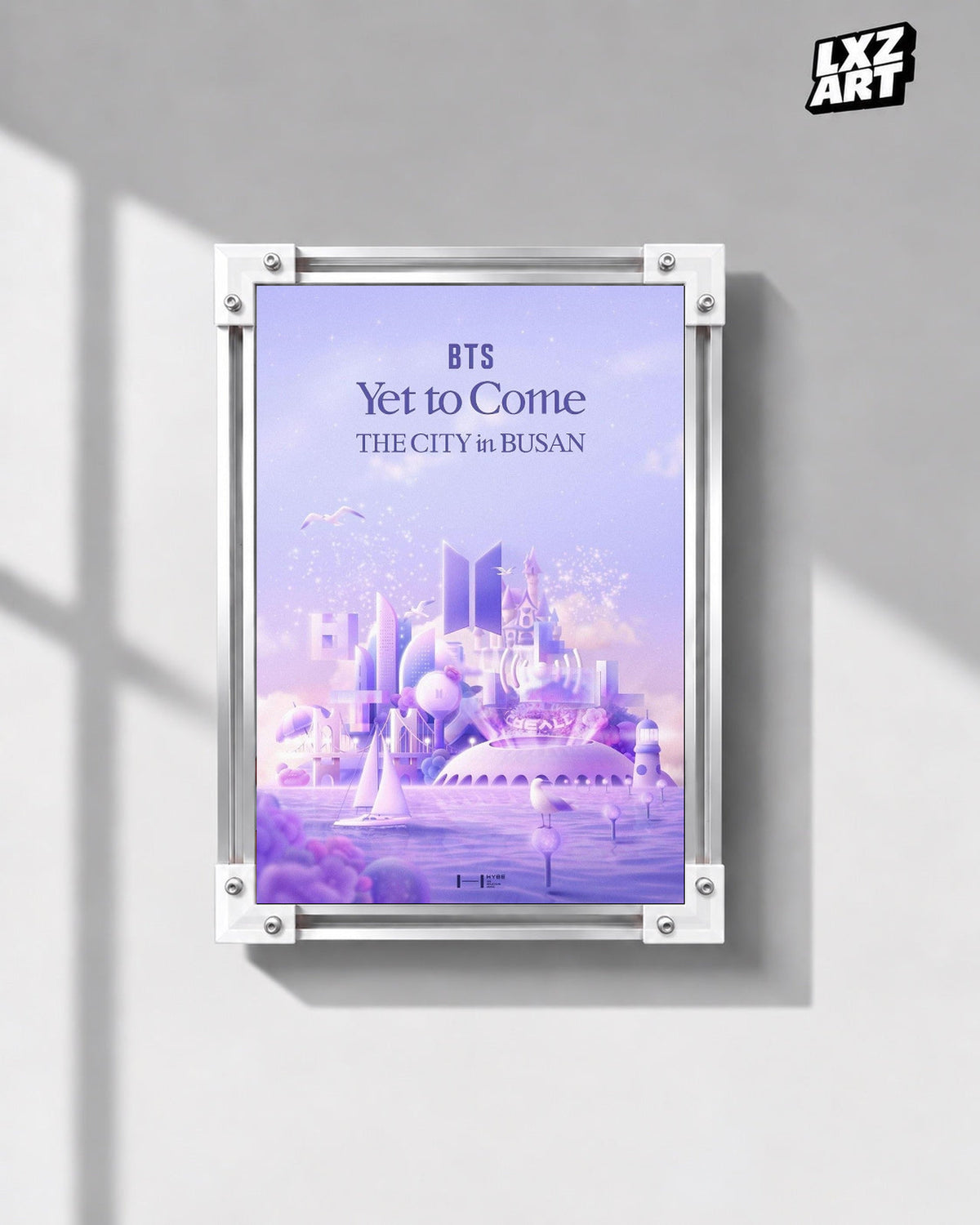 BTS Yet To Come The City in Busan poster in the LXZART front-facing grey-wall display. Unframed print; frame shown for display only.