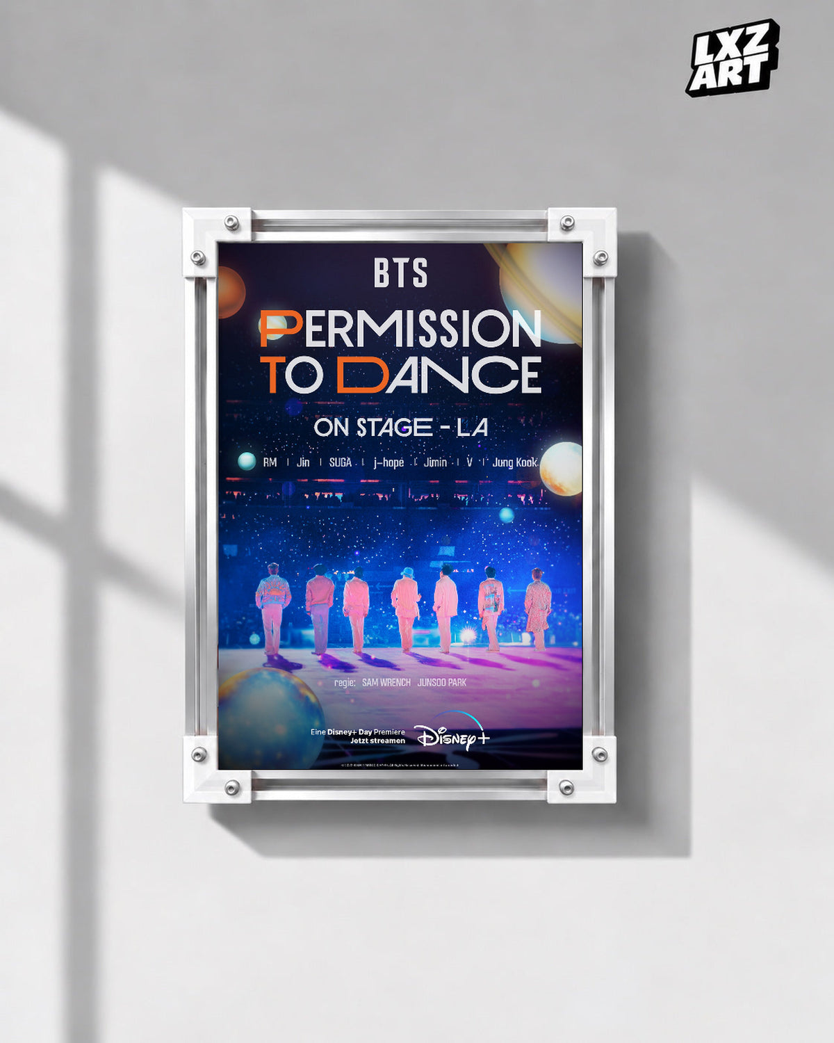 BTS Permission to Dance On Stage LA poster in the LXZART front-facing grey-wall display. Unframed print; frame shown for display only.