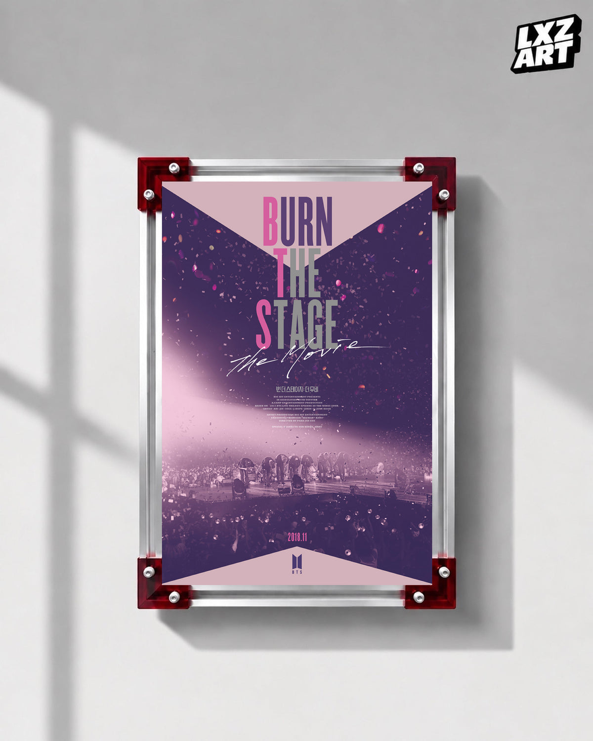 BTS Burn the Stage: The Movie concert documentary poster displayed on a gray wall in a red-corner frame; unframed print, frame not included
