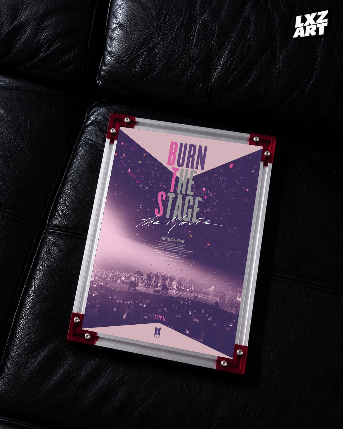 BTS Burn the Stage: The Movie concert documentary poster displayed on a black leather sofa in a red-corner frame; unframed print, frame not included