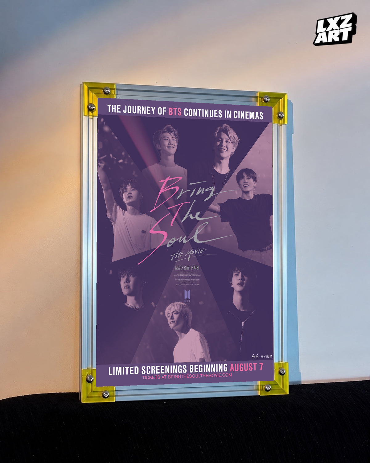 BTS Bring the Soul: The Movie concert documentary poster displayed against a warm wall in a yellow-corner frame; unframed print, frame not included