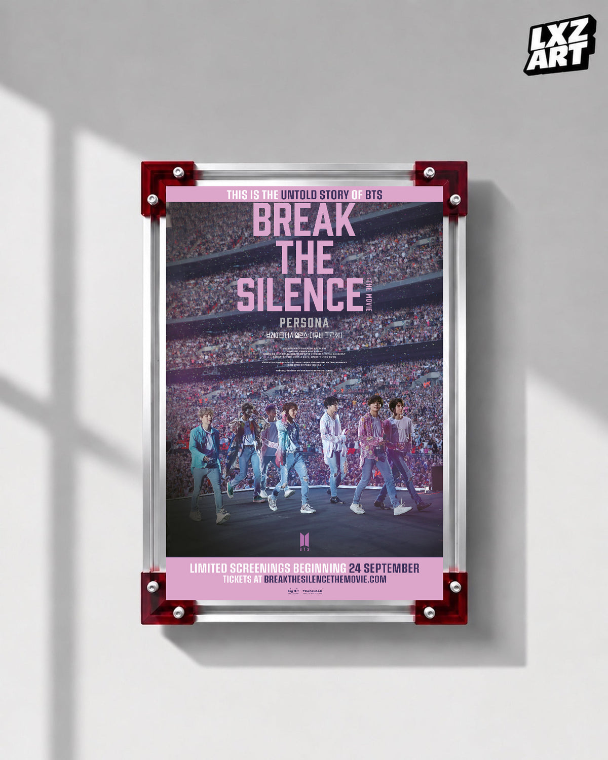 BTS Break the Silence: The Movie concert documentary poster displayed on a gray wall in a red-corner frame; unframed print, frame not included