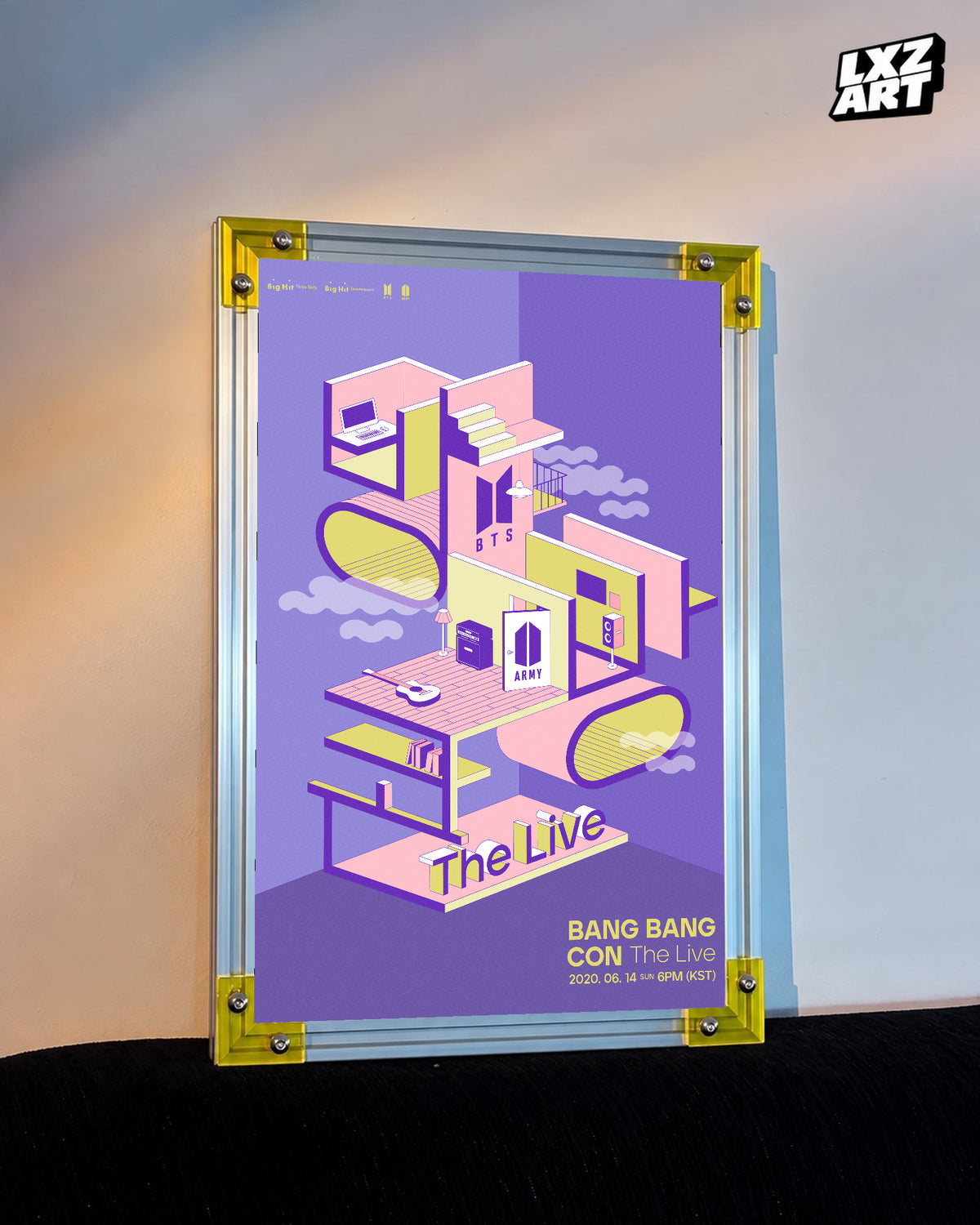 BTS Bang Bang Con: The Live online concert poster displayed against a warm wall in a yellow-corner frame; unframed print, frame not included