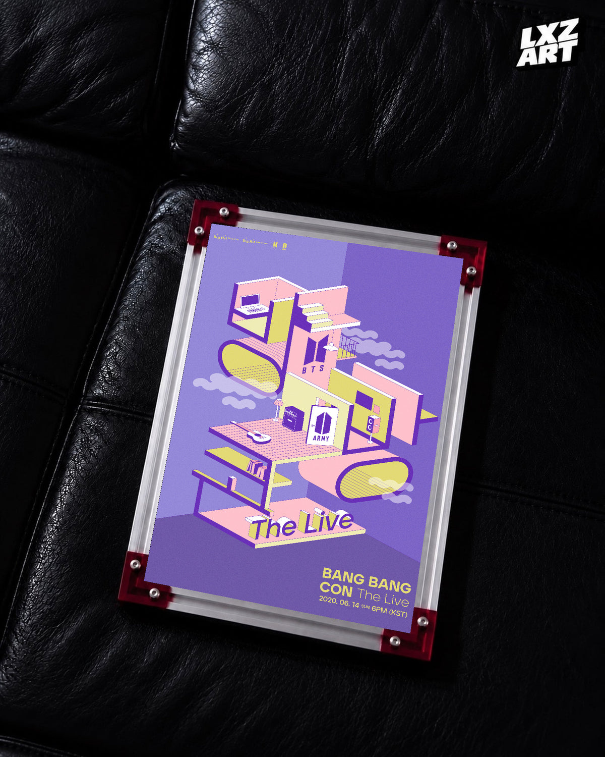 BTS Bang Bang Con: The Live online concert poster displayed on a black leather sofa in a red-corner frame; unframed print, frame not included