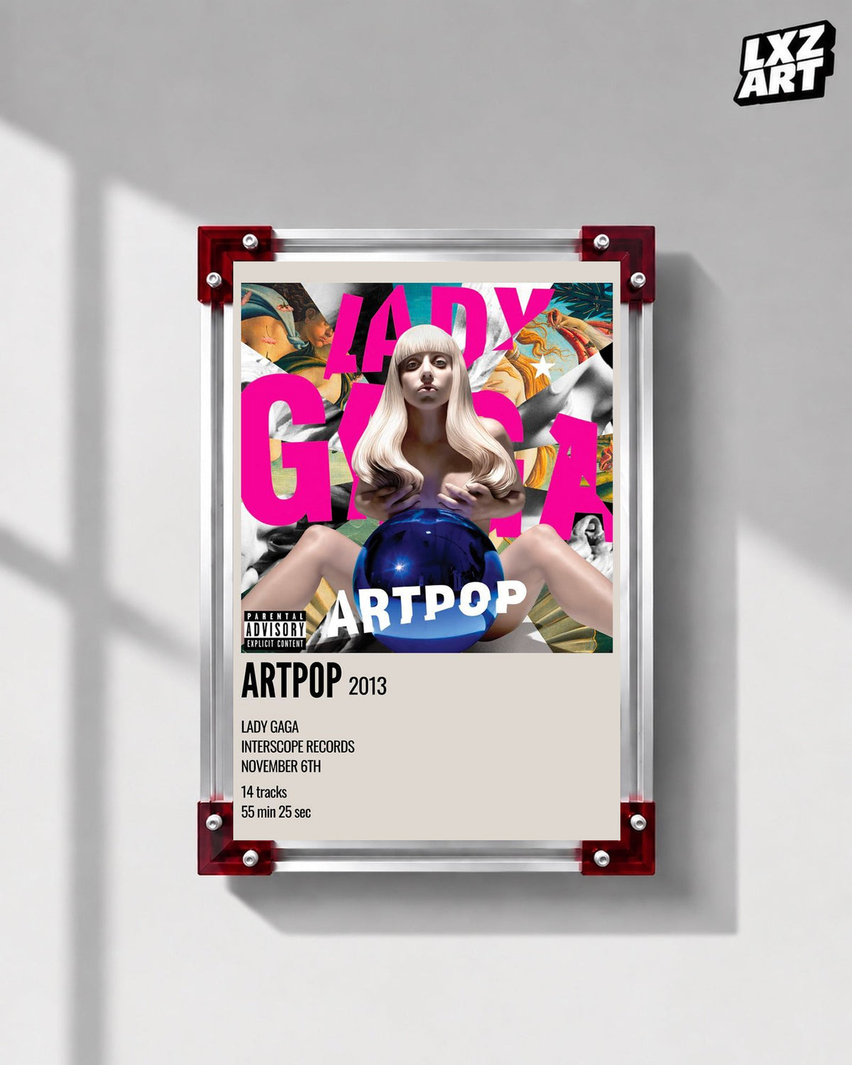 Lady Gaga ARTPOP album cover poster displayed on a gray wall in a red corner frame; unframed print, frame not included
