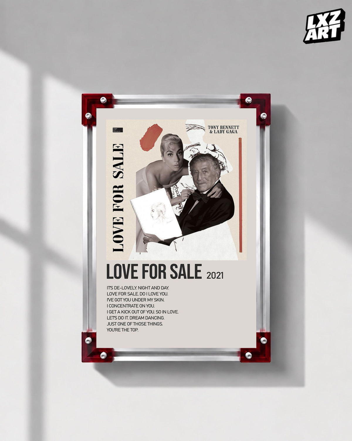 Lady Gaga & Tony Bennett Love for Sale tracklist poster displayed on a gray wall in a red corner frame; unframed print, frame not included