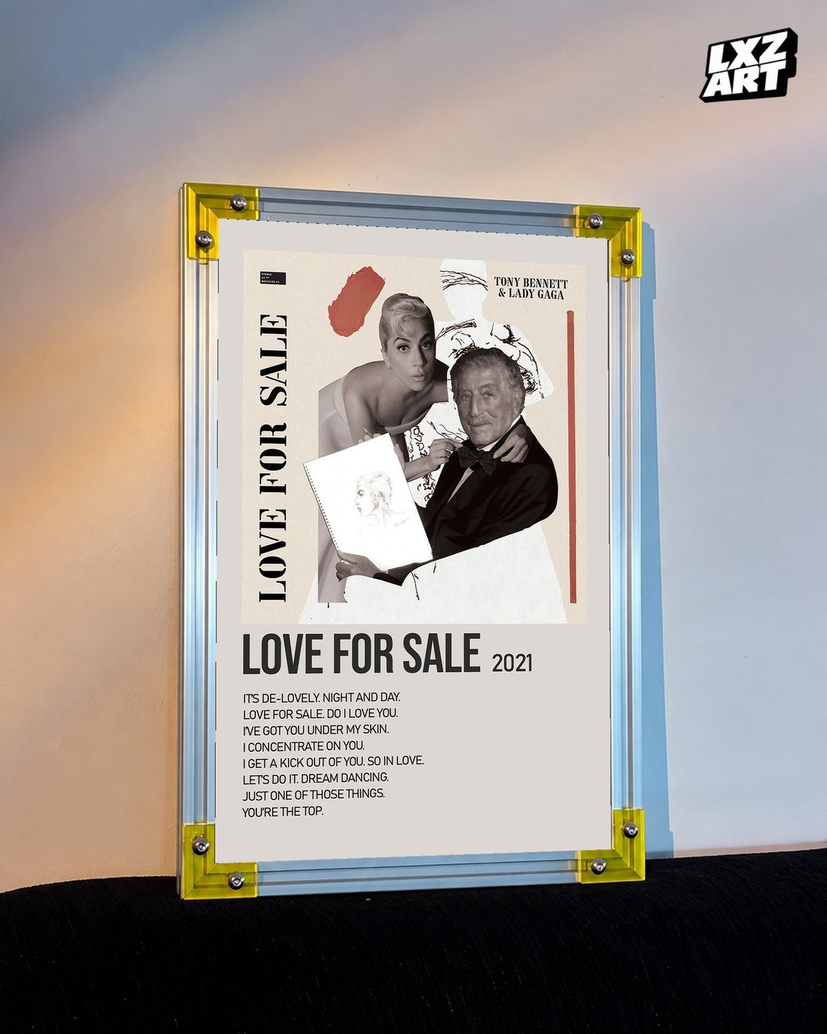 Lady Gaga & Tony Bennett Love for Sale tracklist poster displayed against a warm wall in a yellow corner frame; unframed print, frame not included