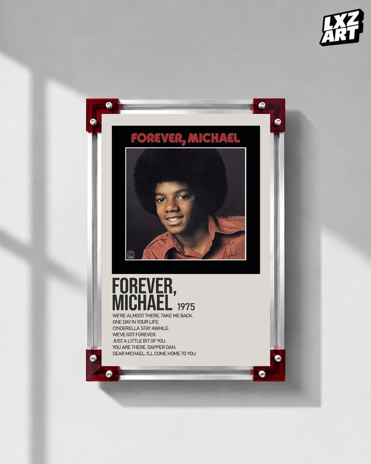 Michael Jackson Forever, Michael tracklist poster displayed on a gray wall in a red corner frame; unframed print, frame not included