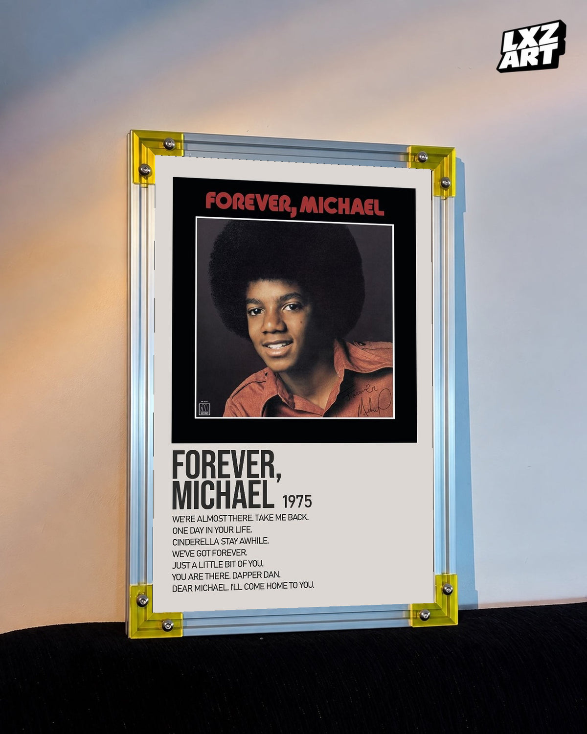 Michael Jackson Forever, Michael tracklist poster displayed against a warm wall in a yellow corner frame; unframed print, frame not included
