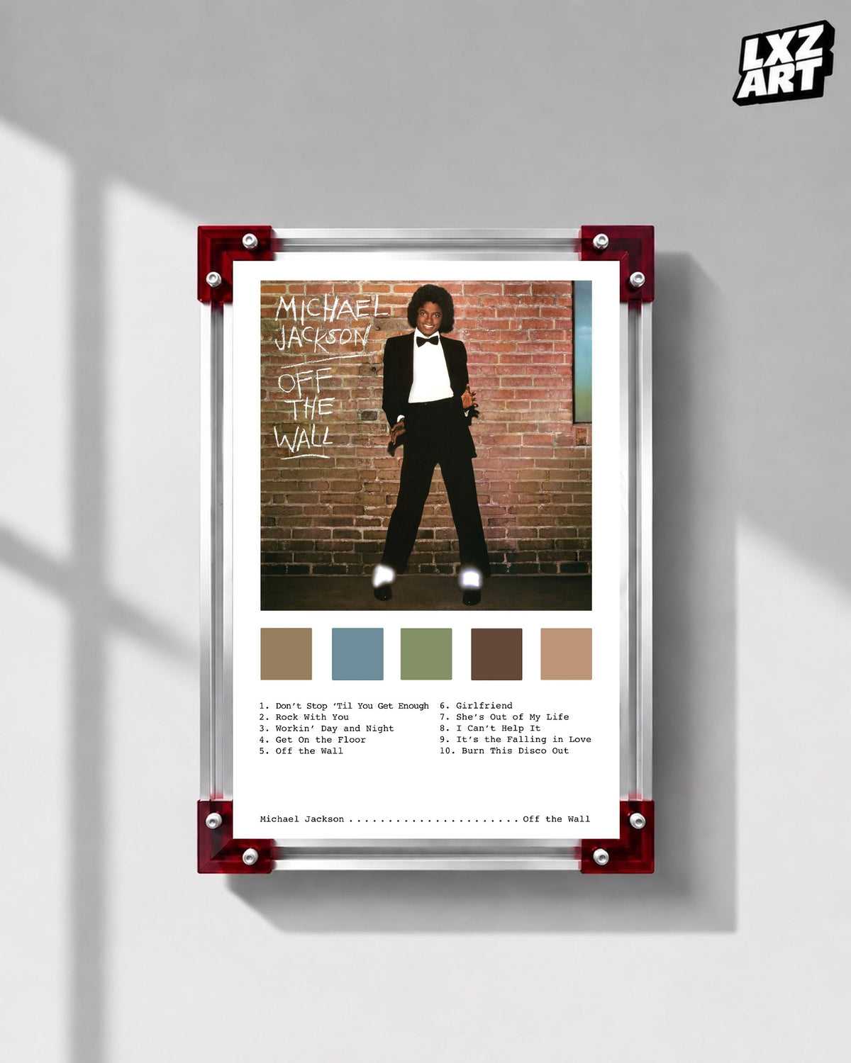 Michael Jackson Off the Wall Full-Length Brick Wall tracklist poster displayed on a gray wall in a red corner frame; unframed print, frame not included