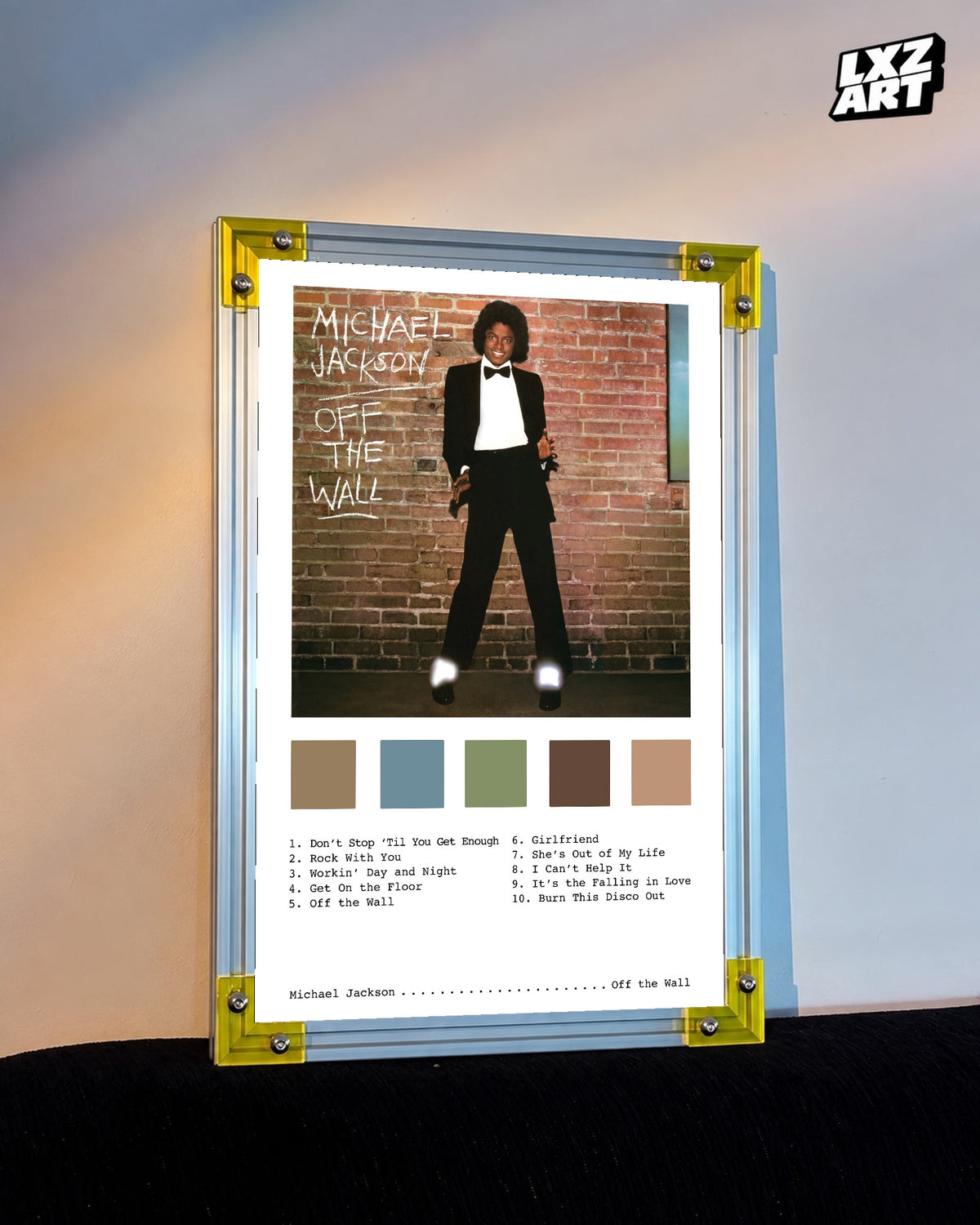 Michael Jackson Off the Wall Full-Length Brick Wall tracklist poster displayed against a warm wall in a yellow corner frame; unframed print, frame not included