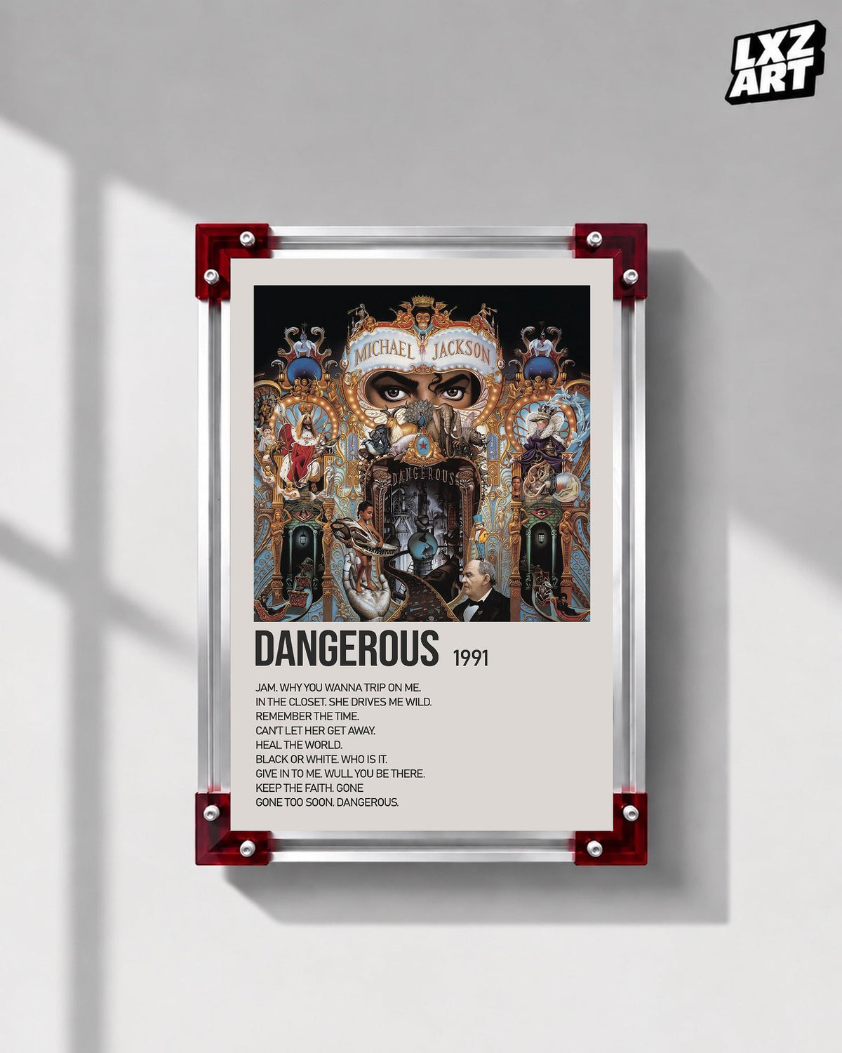 Michael Jackson Dangerous tracklist poster displayed on a gray wall in a red corner frame; unframed print, frame not included