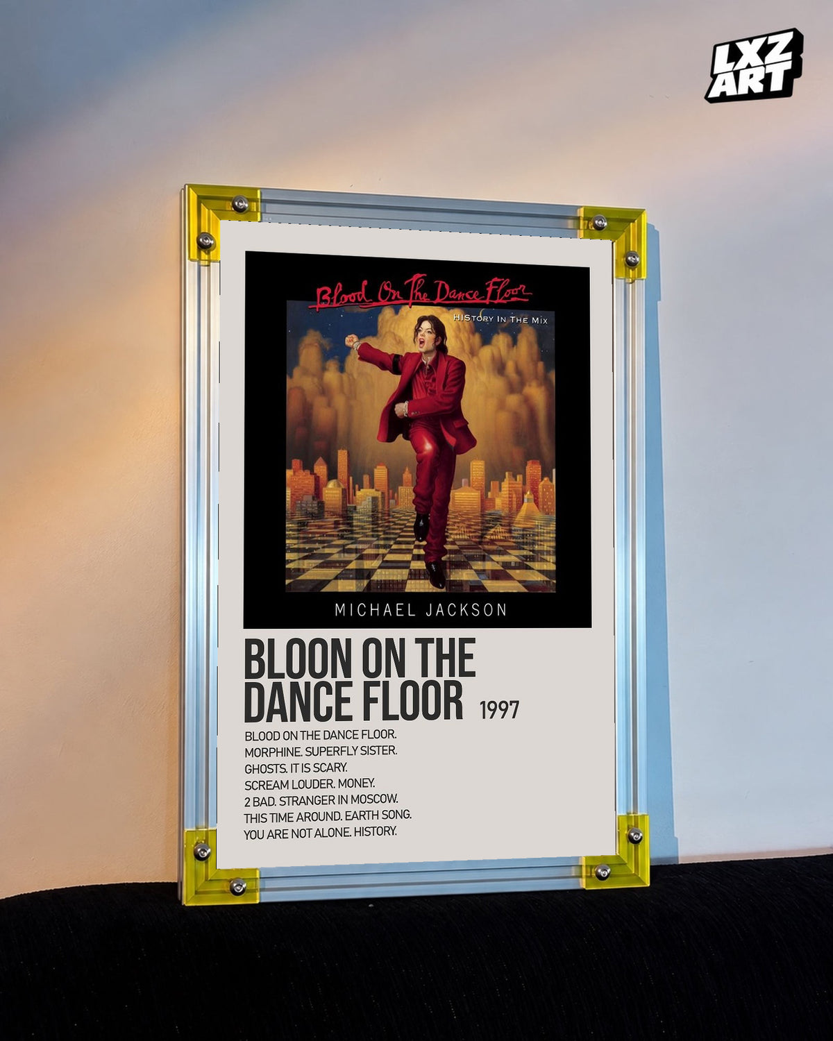 Michael Jackson Blood on the Dance Floor tracklist poster displayed against a warm wall in a yellow corner frame; unframed print, frame not included