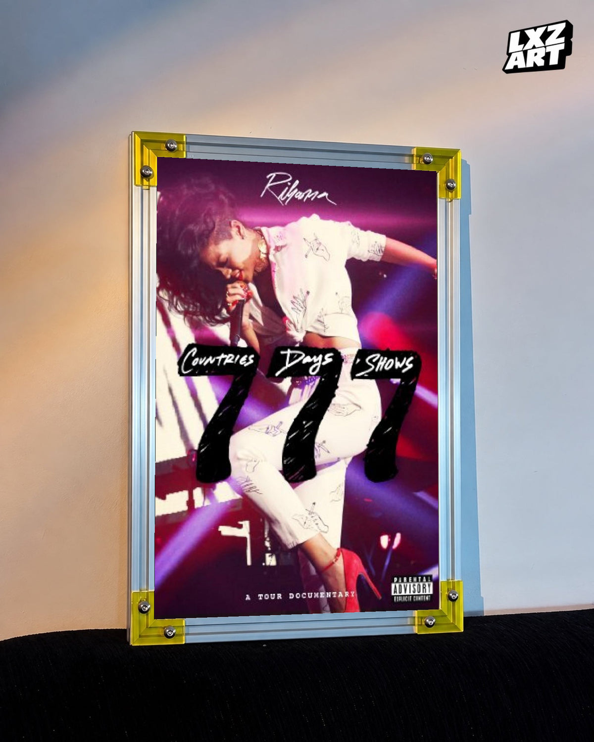 Rihanna 777 Tour documentary poster displayed against a warm wall in a yellow corner frame; unframed print, frame not included