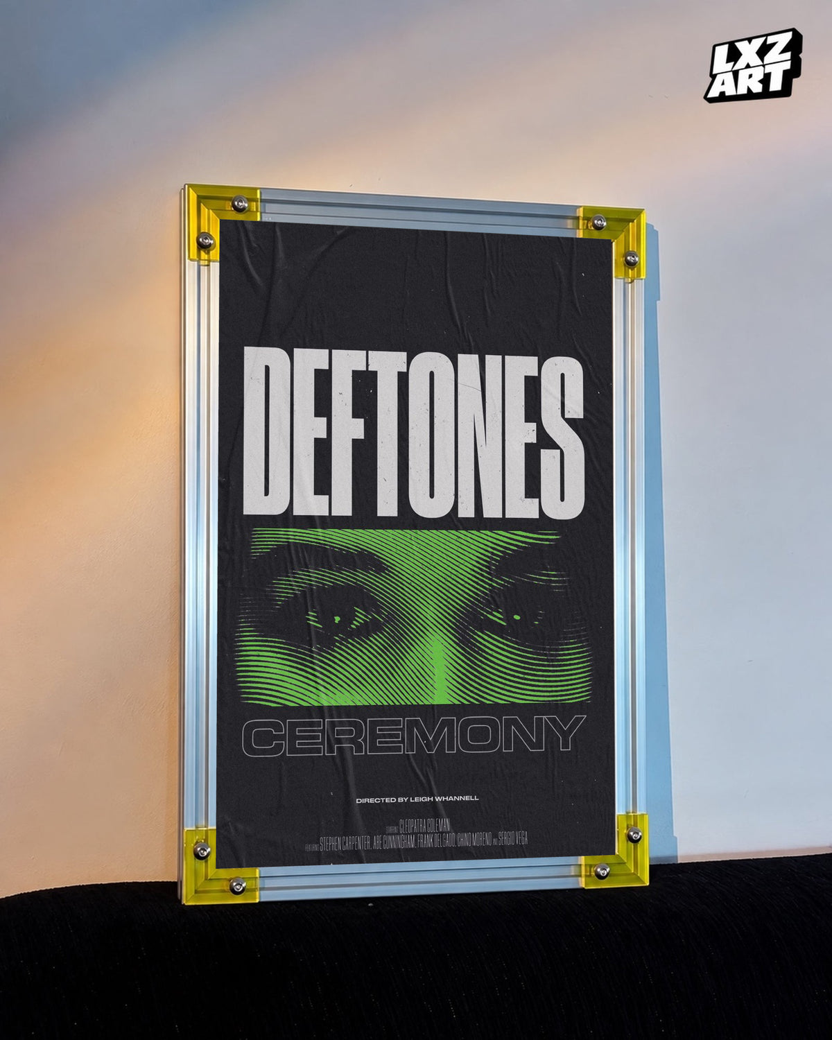 Deftones Ceremony Green Eyes Music Video Poster displayed against a warm wall in a yellow-corner frame; unframed print, frame not included
