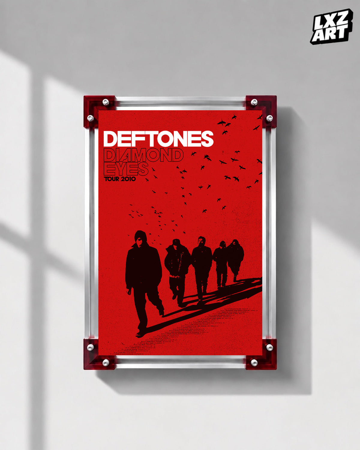 Deftones Diamond Eyes Red Silhouettes 2010 Tour Poster displayed on a gray wall in a red-corner frame; unframed print, frame not included