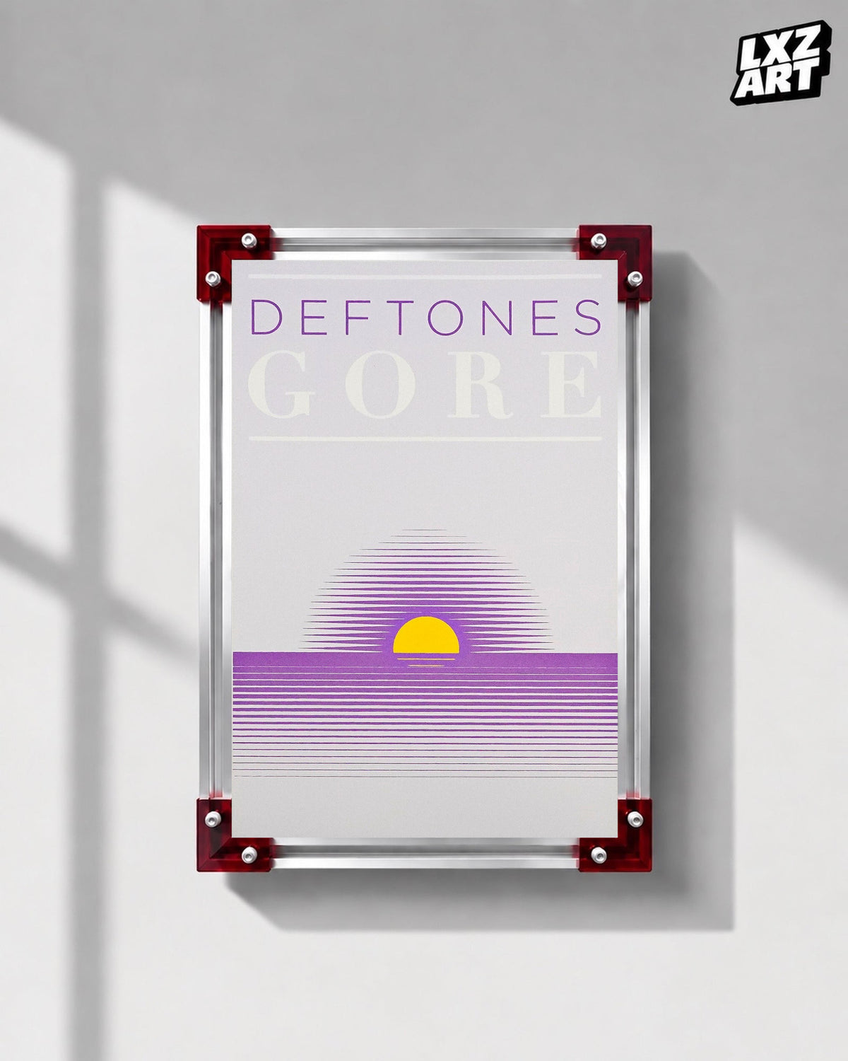Deftones Gore Purple Sunset Album Poster displayed on a gray wall in a red-corner frame; unframed print, frame not included