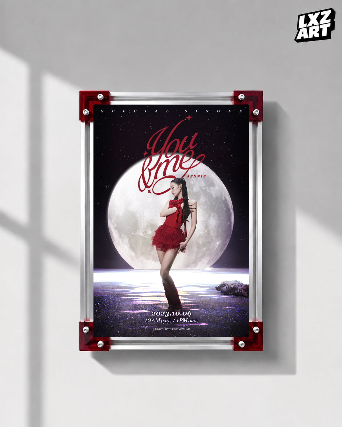 JENNIE You & Me moon title poster displayed on a gray wall in a red-corner frame; unframed print, frame not included