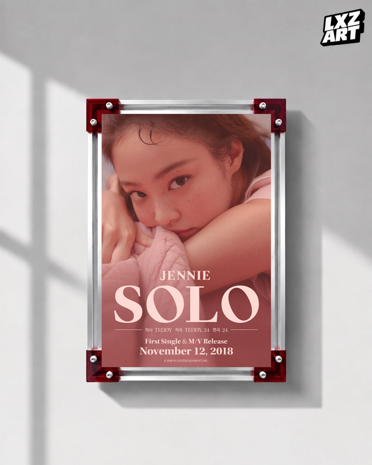 JENNIE SOLO blush credit poster displayed on a gray wall in a red-corner frame; unframed print, frame not included