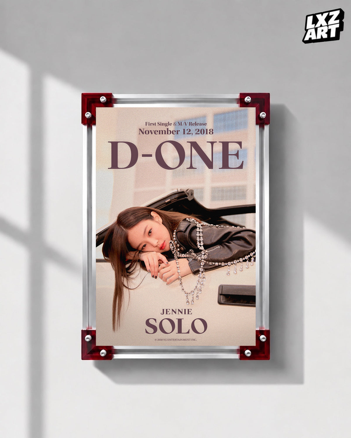 JENNIE SOLO d-one car poster displayed on a gray wall in a red-corner frame; unframed print, frame not included