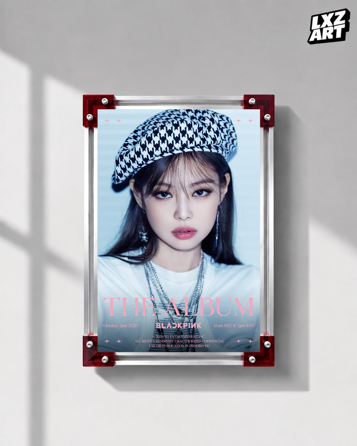 JENNIE BLACKPINK The Album blue beret teaser poster displayed on a gray wall in a red-corner frame; unframed print, frame not included