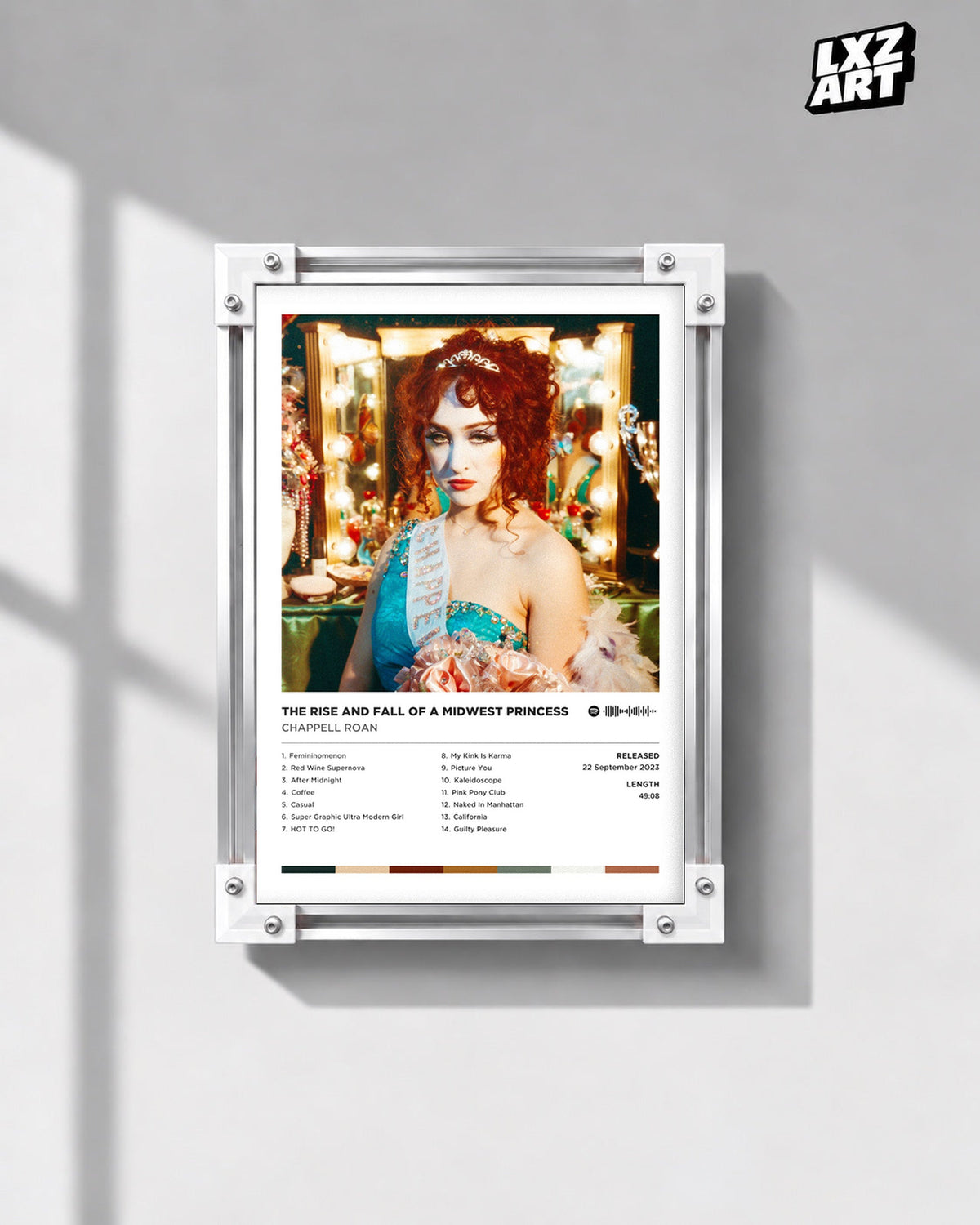 Chappell Roan Midwest Princess Pageant Tracklist Poster | Unframed Music Wall Art — gray wall front view; frame for display only