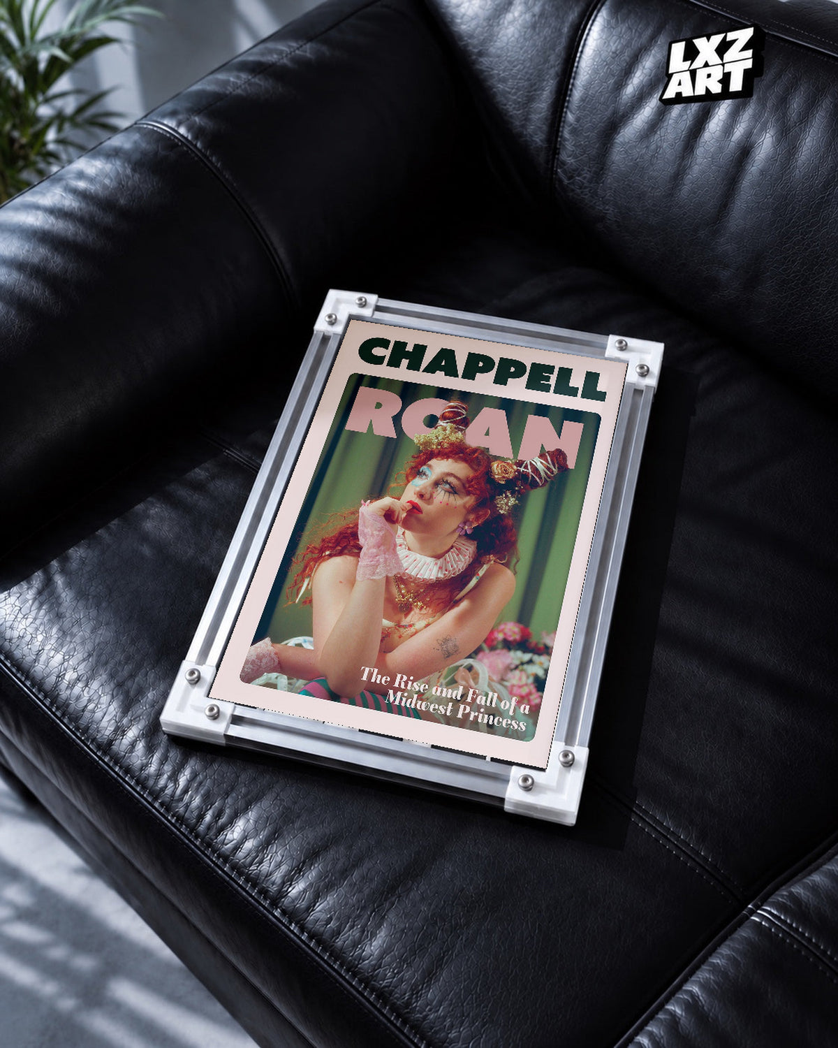 Chappell Roan Midwest Princess Pink Portrait Poster | Unframed Music Wall Art — black leather sofa scene; frame for display only