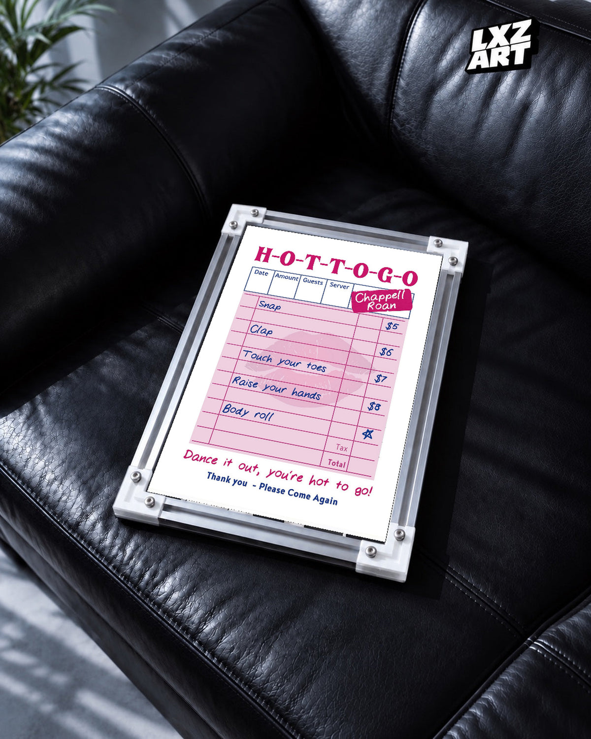 Chappell Roan Hot To Go Pink Receipt Illustration Poster | Unframed Music Wall Art — black leather sofa scene; frame for display only