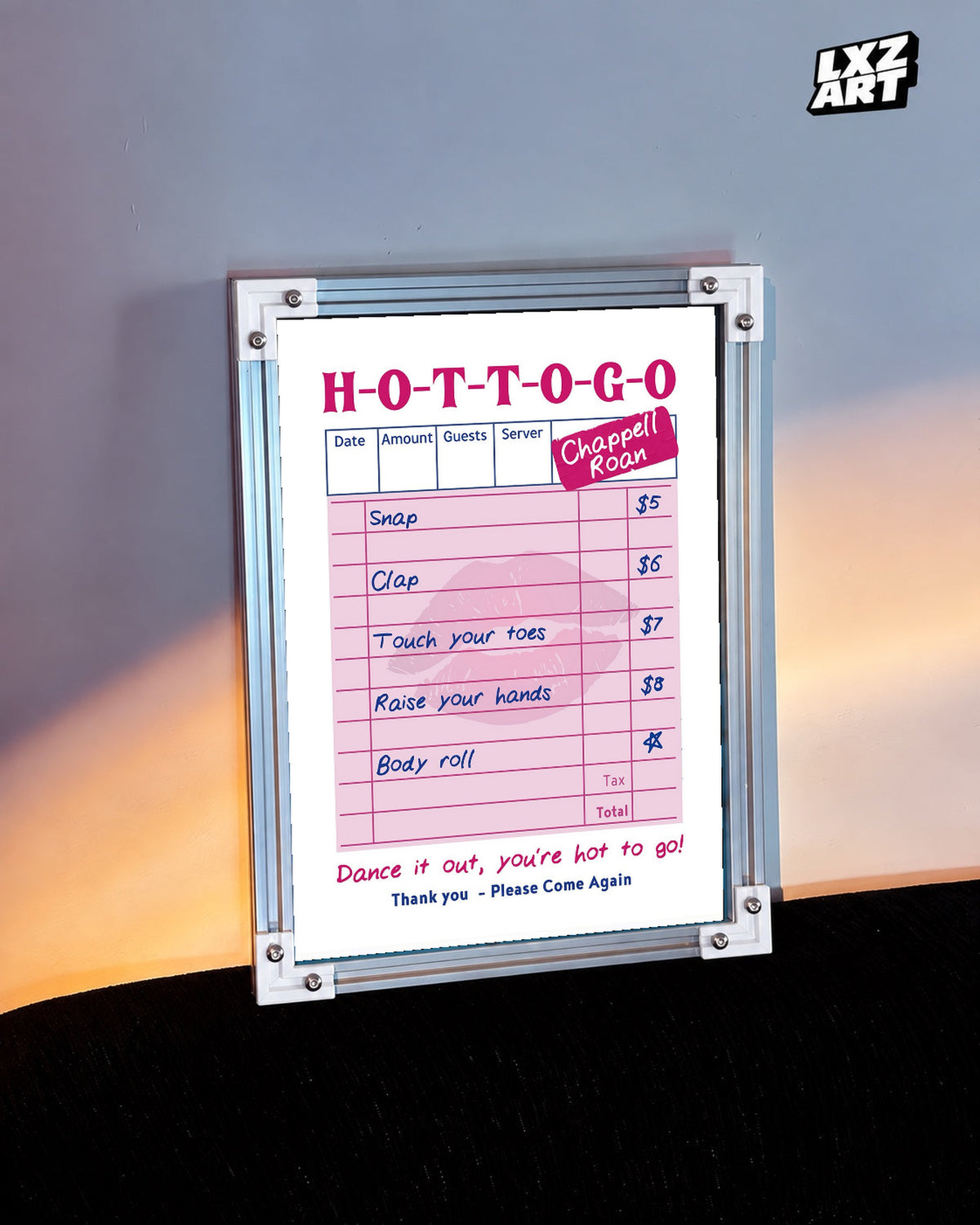 Chappell Roan Hot To Go Pink Receipt Illustration Poster | Unframed Music Wall Art — warm-light wall scene; frame for display only