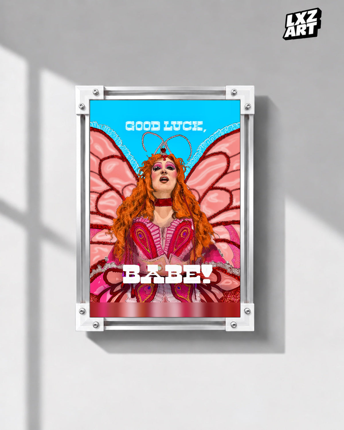 Chappell Roan Good Luck Babe Butterfly Portrait Poster | Unframed Music Wall Art — gray wall front view; frame for display only