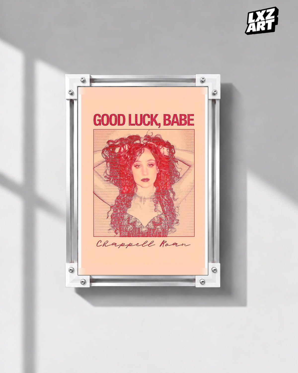 Chappell Roan Good Luck Babe Peach Duotone Portrait Poster | Unframed Music Wall Art — gray wall front view; frame for display only