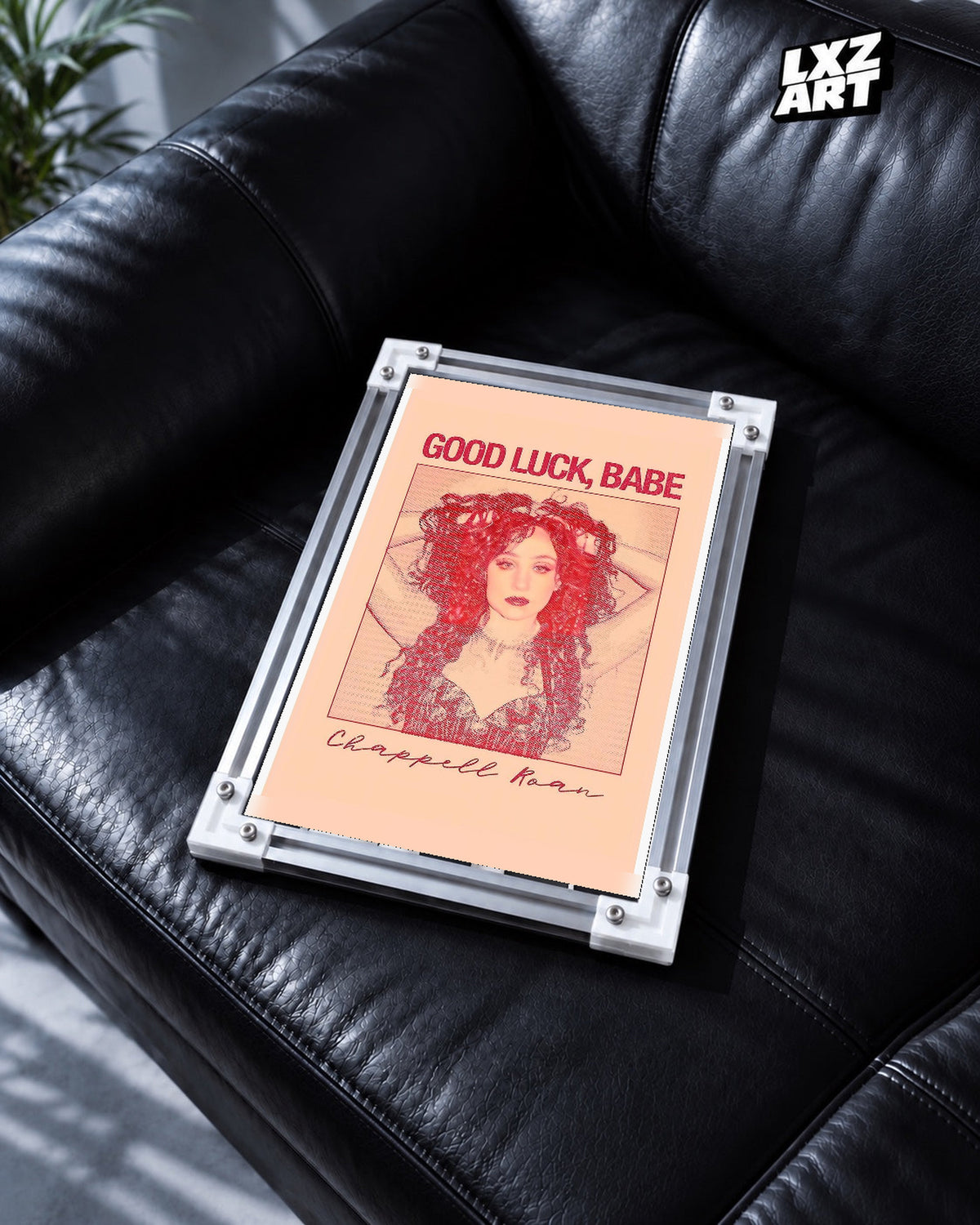 Chappell Roan Good Luck Babe Peach Duotone Portrait Poster | Unframed Music Wall Art — black leather sofa scene; frame for display only