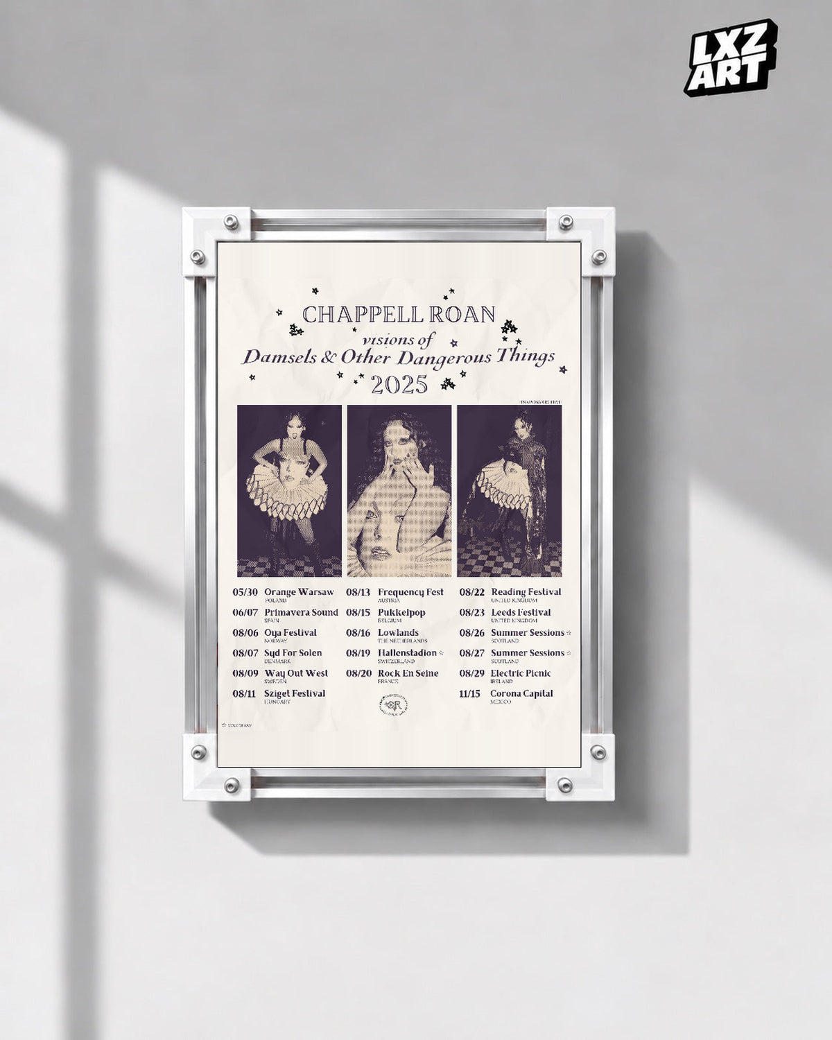 Chappell Roan Visions of Damsels 2025 Tour Collage Poster | Unframed Music Wall Art — gray wall front view; frame for display only