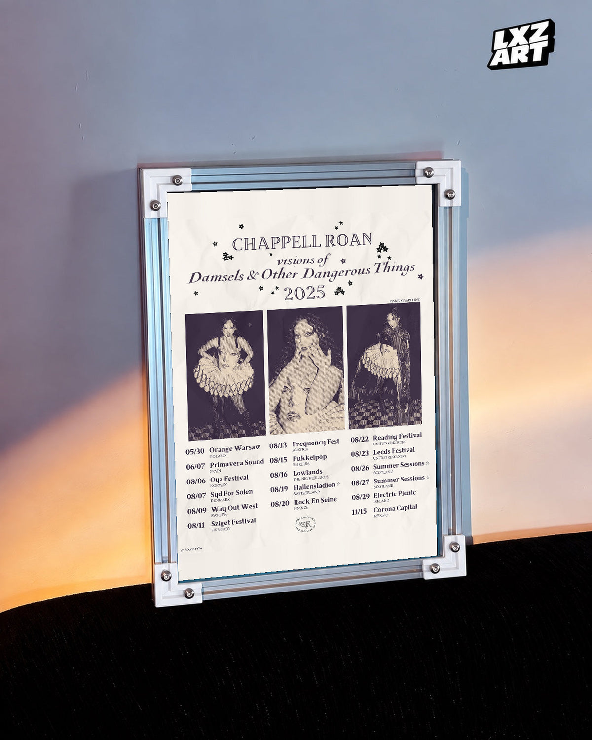 Chappell Roan Visions of Damsels 2025 Tour Collage Poster | Unframed Music Wall Art — warm-light wall scene; frame for display only